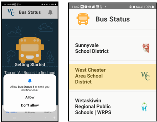 allow notifications and select WCASD from the list of districts